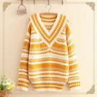 V-neck Color-block Stripe Knit Sweater