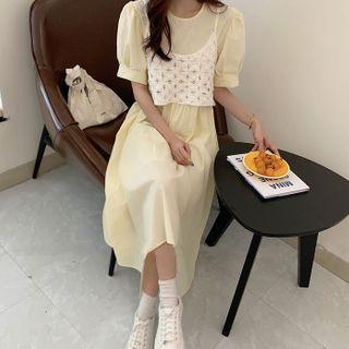 Plain Short-sleeve Midi Shift Dress / Crochet Knit Cropped Camisole