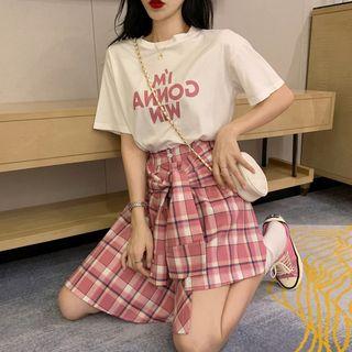 Set: Lettering Short-sleeve T-shirt + Irregular Hem Plaid Mini A-line Skirt