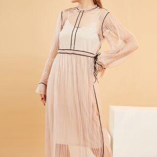 Contrast Trim Long-sleeve Mesh Dress Light Pink - One Size