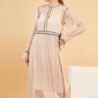 Contrast Trim Long-sleeve Mesh Dress Light Pink - One Size