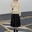 V-neck Cable Knit Sweater / Pleated Midi A-line Skirt