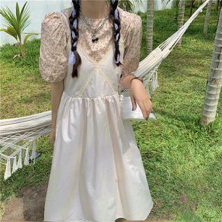 Short-sleeve Floral Printed Top / V-neck Lace Trim Strappy Midi Dress