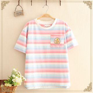 Floral Embroidered Short-sleeve Striped Top