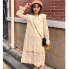 Long-sleeve Collared Midi Lace Dress Almond - One Size