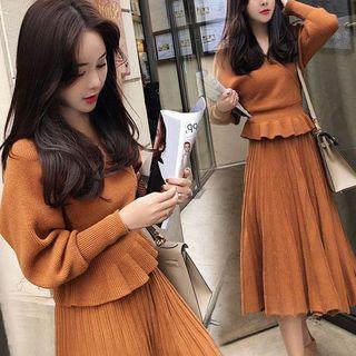 Set: Lantern-sleeve Ruffle Hem Sweater + Midi A-line Skirt