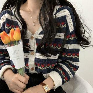Floral Jacquard Striped Knit Cardigan