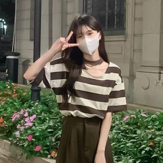Asymmetrical Short-sleeve Striped T-shirt