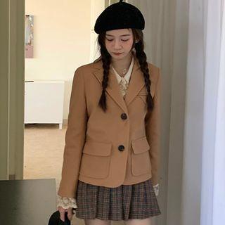 Plain Single-breasted Blazer / Long-sleeve T-shirt / Plaid Mini Pleated Skirt