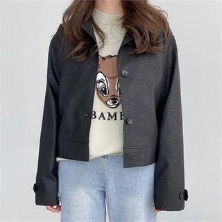 Collared Pleather Jacket Black - One Size