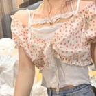 Spaghetti-strap Lace Panel Top / Short-sleeve Ruffled Trim Panel Floral Lace-up Cardigan