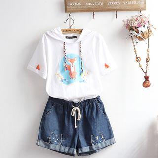 Set: Hooded Short-sleeve T-shirt + Denim Shorts
