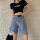 High-waist Distressed Loose Fit Denim Shorts With Sash
