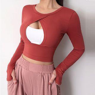 Long-sleeve Plain Cutout Sports T-shirt