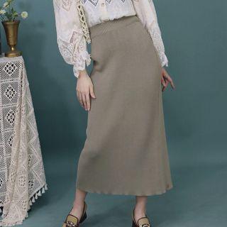 High-waist Plain Ribbed A-line Midi Skirt