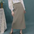 High-waist Plain Ribbed A-line Midi Skirt