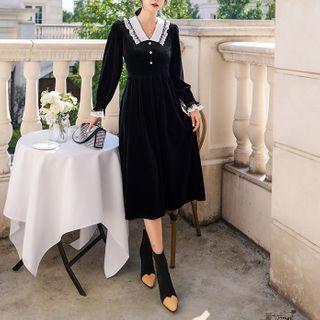 Puff-sleeve Velvet Lace Trim A-line Dress