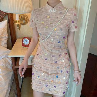 Short-sleeve Sequined Mesh Mini Sheath Qipao Dress