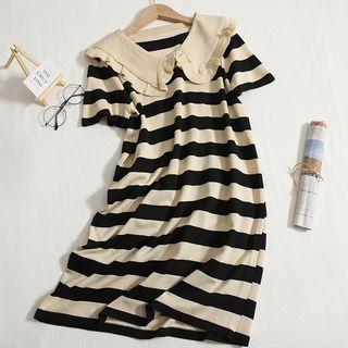 Short-sleeve Collared Striped Midi Dress
