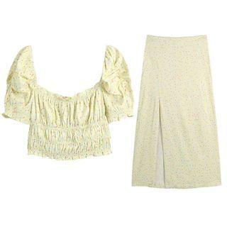Puff-sleeve Floral Print Smocked Crop Blouse / Midi A-line Skirt