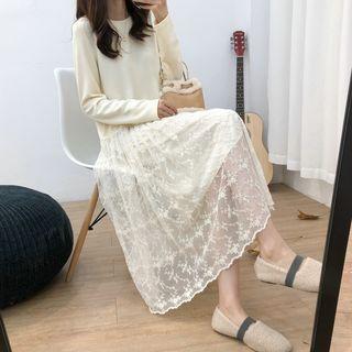 Long-sleeve Panel Midi A-line Lace Dress As Shown In Figure - One Size
