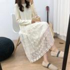 Long-sleeve Panel Midi A-line Lace Dress As Shown In Figure - One Size