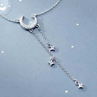 925 Sterling Silver Rhinestone Moon & Star Pendant Choker S925 Silver - As Shown In Figure - One Size