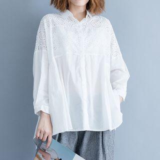 Long-sleeve Perforated Blouse White - One Size