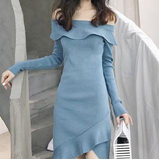 Asymmetric Off-shoulder Slim-fit Ruffled-trim Long-sleeve Dress