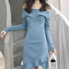 Asymmetric Off-shoulder Slim-fit Ruffled-trim Long-sleeve Dress