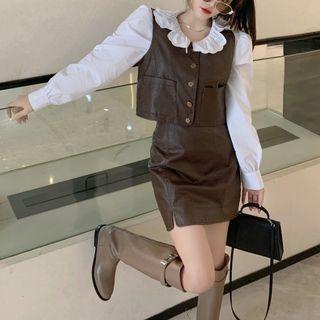 Collar Blouse / Faux Leather Vest / Mini Pencil Skirt