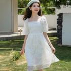Puff-sleeve Square Neck Floral Dress White - One Size