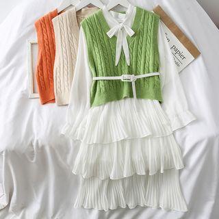 Set: Layered Ribbon-neckline A-line Dress + Cable-knit Vest