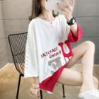 3/4-sleeve Letter Embroidered Contrast Color T-shirt