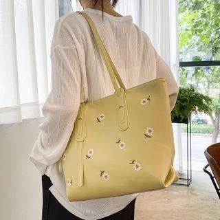 Faux Leather Floral Tote Bag