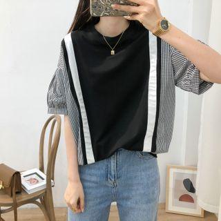 Gingham Panel Short-sleeve Blouse