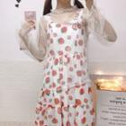 Strawberry Print Midi A-line Dress / Lace Top