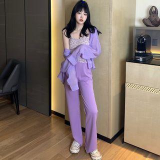 Plain Shirt / Flower Print Camisole / Straight-fit Pants