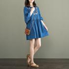 Floral Embroidered Elbow-sleeve Denim A-line Dress