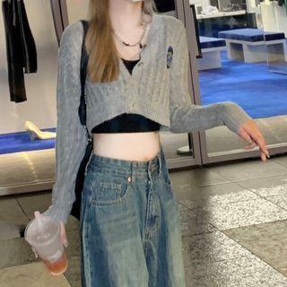 Applique Cropped Cardigan Gray - One Size