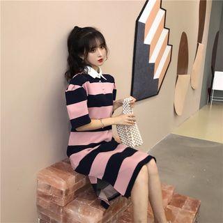 Striped Short-sleeve Polo Shirt Dress Stripe - Black & Pink - One Size
