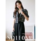 Puff-sleeve Cropped Plaid Jacket