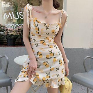 Spaghetti-strap Lemon Print Mini Sheath Dress