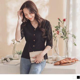 Elbow-sleeve Lace Panel Single-breasted Top