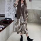 Set: Puff-sleeve Tie-dyed Midi A-line Dress + Vest