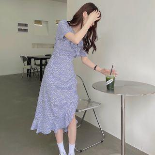 Short-sleeve Floral Ruffle Trim Split Dress