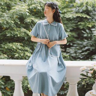 Plaid Short-sleeve Button Midi A-line Dress With Crossbody Pouch