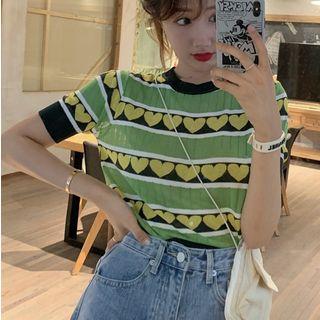 Heart Print Color Block Knit Top As Shown In Figure - One Size