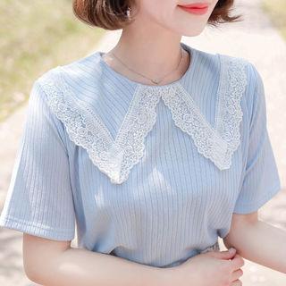 Laced Puritan-collar Ribbed Top