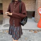 Plain Cardigan / Plaid Pleated Mini Skirt